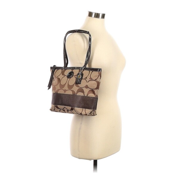 COACH Khaki Mahogany Signature Stripe Jacquard Tote Shoulder Bag - Picture 2 of 10